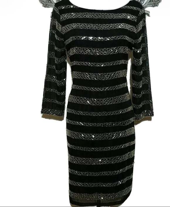 Romeo & Juliet Couture Dresses & Skirts - Romeo & Juliet Couture Black Beaded Stripe Sheer Sleeve Bodycon Dress Size M